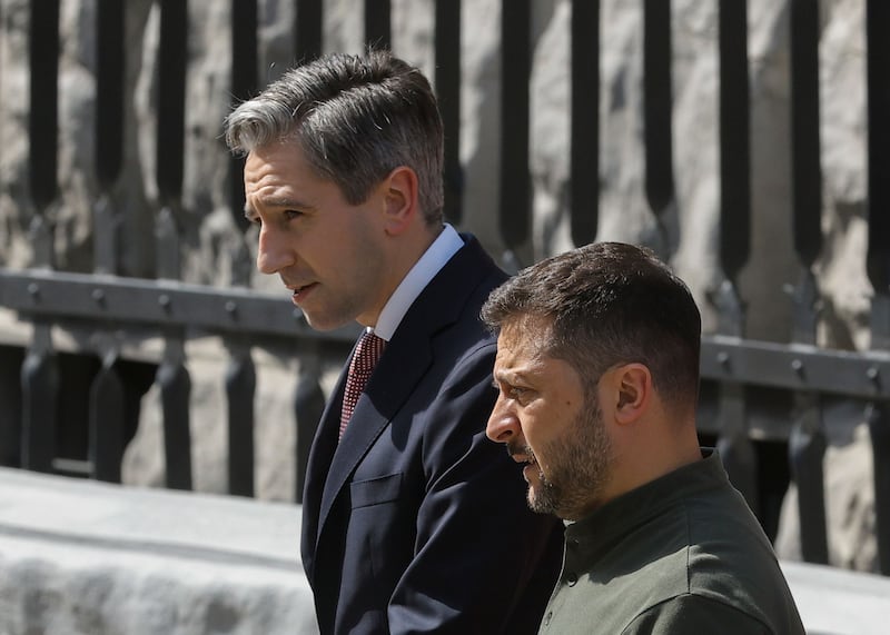 Simon Harris with Ukrainian president Volodymyr Zelenskiy in Kyiv last year. Photograph: EPA
