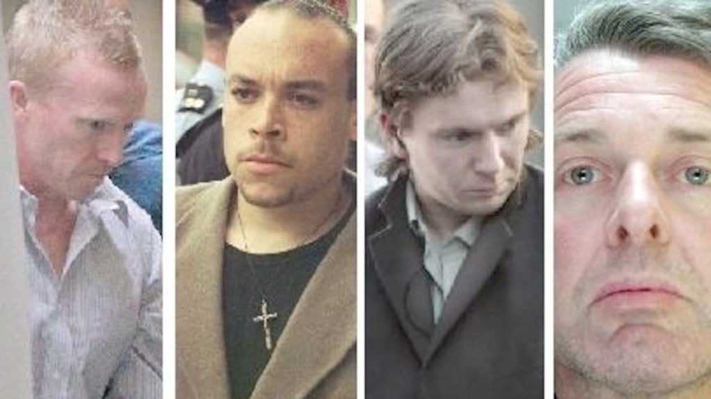 Left to right: Adrian Bayley who was jailed for life for murdering Jill Meagher in Melbourne; Mark Nash, who murdered two women and was previously convicted for murdering two others; Brian Hennessy who was jailed for three life sentences for murdering Sharon Whelan and her daughters; and Clive Sharp jailed for life after confessing to the murder of Irish vet Catherine Gowing