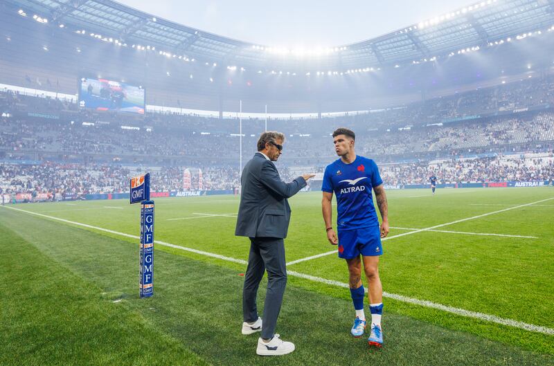 France head coach Fabien Galthié speaks to Matthieu Jalibert after France's victory against Australia at Stade de France, Paris, in 2023. Photograph: James Crombie/Inpho