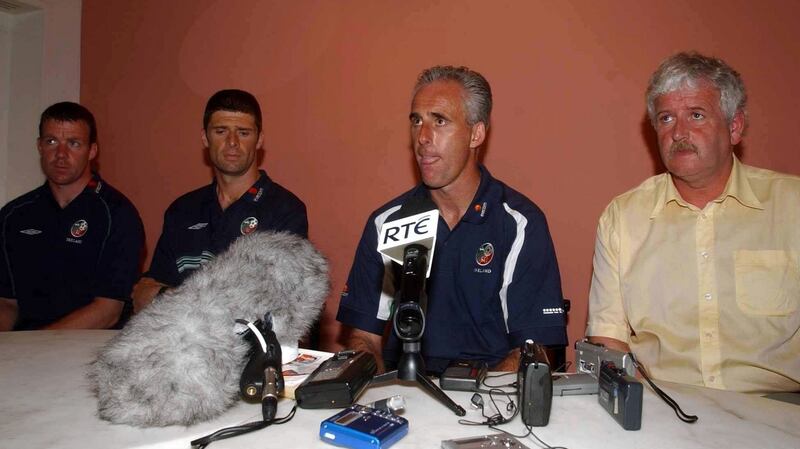 Mick McCarthy with   Alan Kelly, Niall Quinn and FAI president Milo Corcoran at a press conference to announce Keane was going home. Photograph: David Maher/Sportsfile