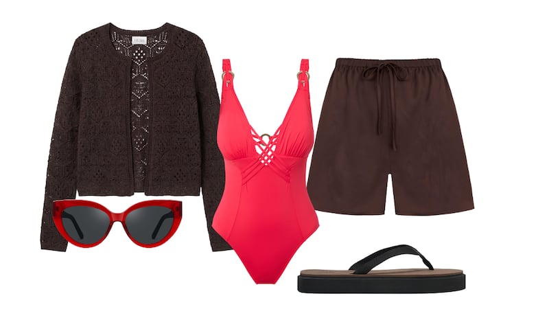 Cardi, €120, Hush; Sunglasses €29.95, Eco Sunglasses; One-Piece Swimsuit €180.00, Naia Beach; Shorts, €47, M&S; Flip flop, €19.95, Zara