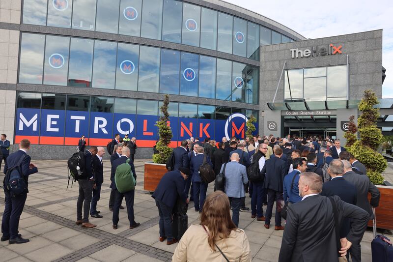 Guests arrive at the MetroLink Market Engagement Event at The Helix in Dublin on Thursday. Photograph: Dara Mac Dónaill