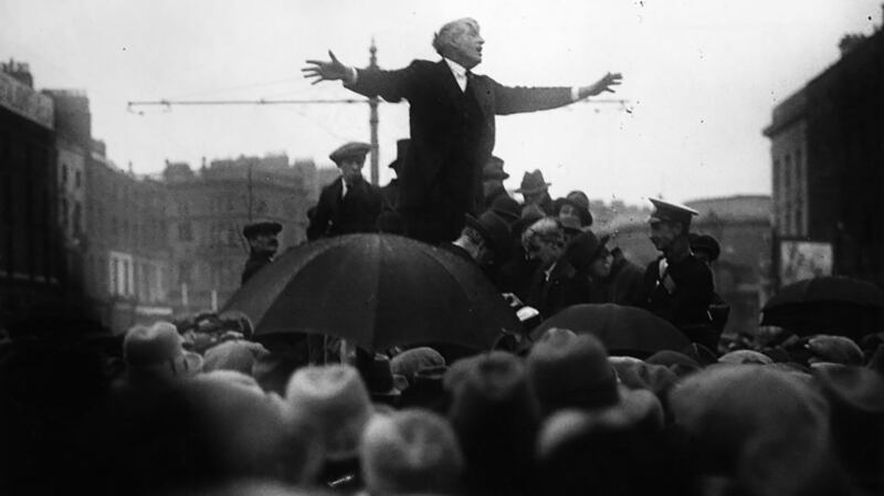 Founder of the Irish Transport and General Workers’ Union Jim Larkin speaking at a strike meeting in O’Connell Street, Dublin. Photograph: Walshe/Getty 