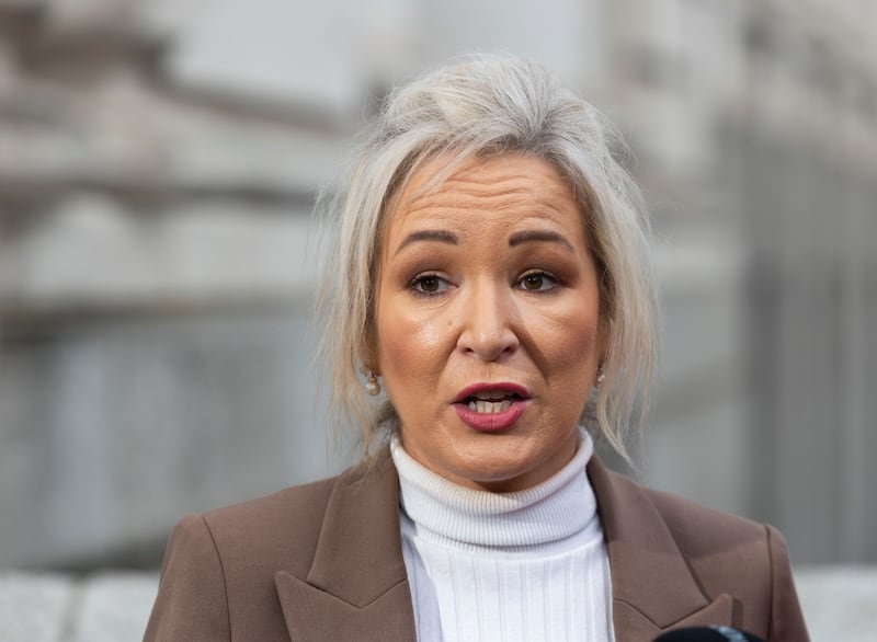 Northern Ireland First Minister Michelle O’Neill speaking to the media outside Government Buildings. Photograph: Sam Boal/Collins Photos