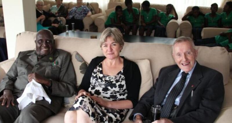 Fr Prof Michael Kelly (right) with former Zambian president Kenneth Kaunda and Dr Charlotte Scott, who served as first lady of Zambia,  at an Irish embassy event in Lusaka in 2013.