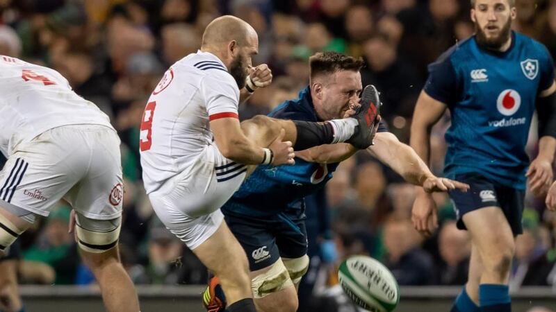 Ireland’s Jack Conan blocks down the kick of USA’s Cam Dolan during the autumn international. Photograph:  Morgan Treacy/Inpho