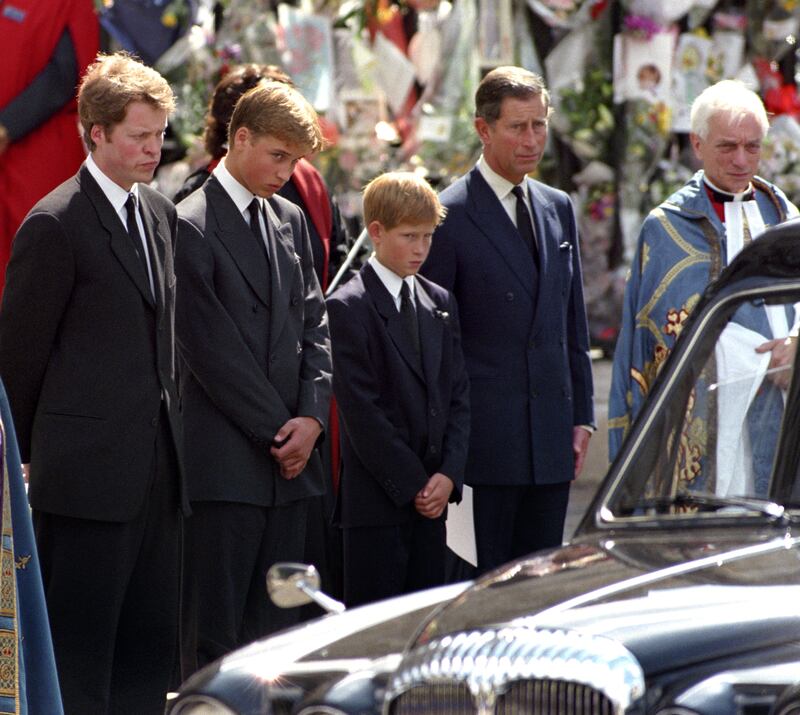 Prince William, Prince Harry and King Charles waiting as as the hearse carrying the coffin of Diana, Princess of Wales prepares to leave Westminster Abbey following her death. Photograph: Fiona Hanson/PA