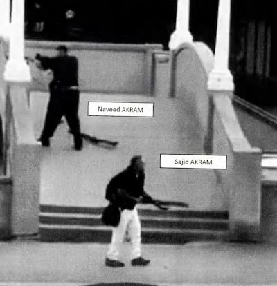 Sajid Akram and Naveed Akram shooting towards the crowd gathered within Archer Park, Bondi beach, during the terror attack on December 14th. Photograph: NSW Courts and Tribunals/PA Wire 