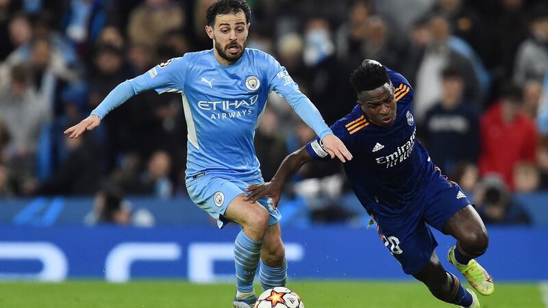 Manchester City’s Bernardo Silva in action against Real Madrid’s Vinicius Junior.  Photograph: Peter Powell/EPA