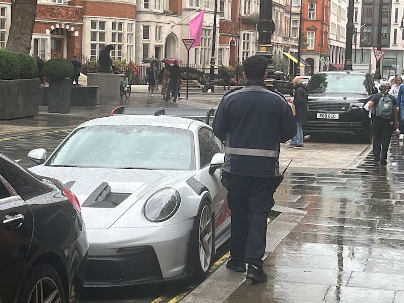 A Kuwaiti-owned Porsche 911 GT3 RS parked on Mount Street, Mayfair, on Wednesday. Photograph: Mark Paul