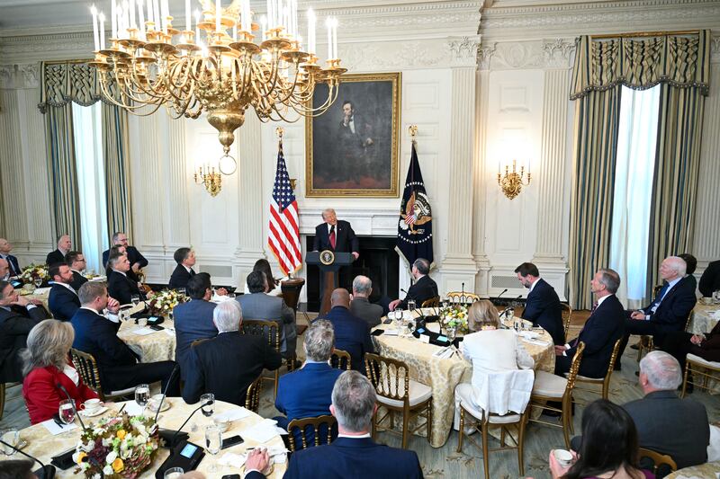 Trump speaks during a breakfast meeting with Senate Republicans last week. He urged them to end the filibuster rule - predicting that Democrats would do so whenever they return to power. Photograph: Saul Loeb/AFP via Getty
