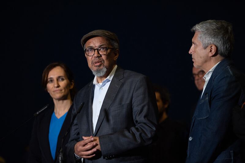World Health Organisation director general Dr Tedros Adhanom Ghebreyesus flanked by Spain's minister of the interior Fernando Grande-Marlaska and minister of health Mónica García Gomez speak to members of the press. Photograph: Jorge Guerrero / AFP via Getty