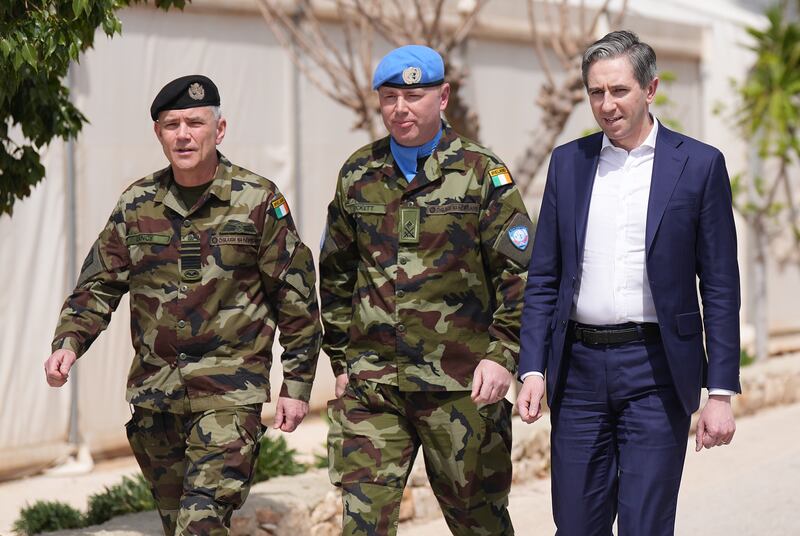 Chief of Defence Forces Lieut Gen Sean Clancy, Tánaiste Simon Harris and Lieut Col Shane Rockett at Camp Shamrock near the border with Lebanon and Israel. Photograph: Niall Carson/PA Wire
