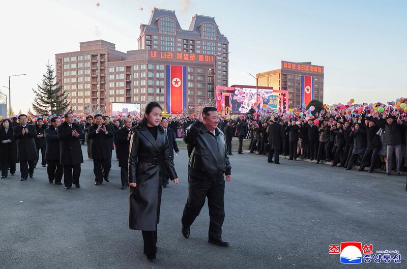 North Korean leader Kim Jong-Un and his daughter Ju Ae attending the inauguration ceremony of 10,000 flats of the fourth stage in Hwasong Area of Pyongyang. Photograph: KCNA via KNS/AFP via Getty Images