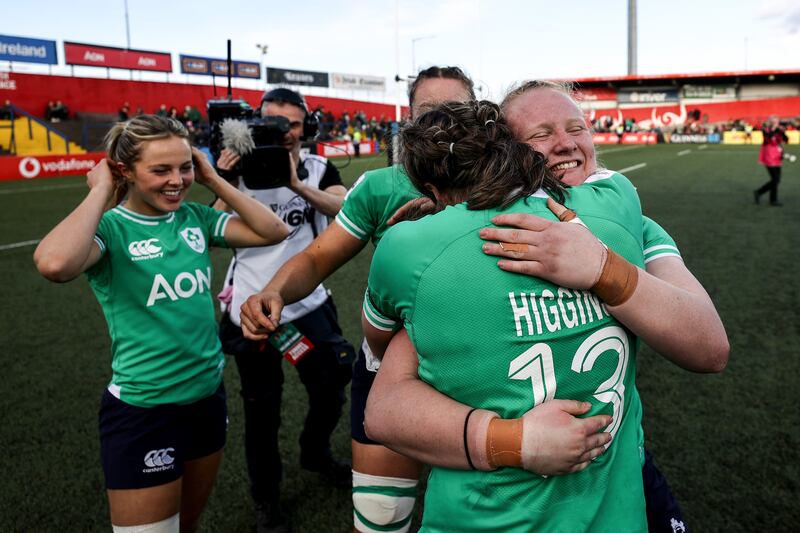 Ireland's Eve Higgins celebrates after the game with Aoife Wafer. Photograph: Ben Brady/Inpho