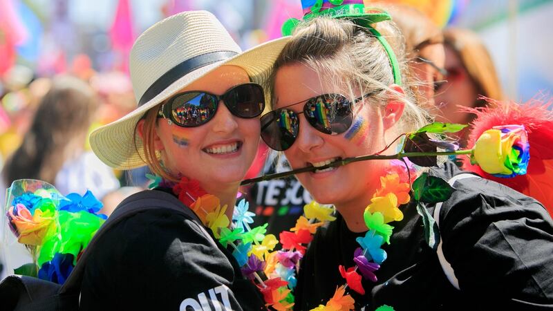 Tesco colleagues  Mairead Quigley and Lorraine Coyle, both  Carrick-on-Shannon,  participating in the Dublin Pride Parade. Photograph: Gareth Chaney/Collins