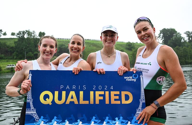Ireland’s Emily Hegarty, Natalie Long, Imogen Magner and Eimear Lambe celebrate qualifying for the Olympic Games. Photograph: Detlev Seyb/Inpho