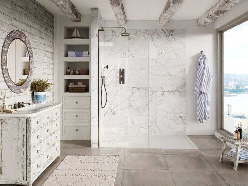 Mixing trends to create your individual bathroom style: here a reclaimed wood finish ticks the sustainability box while matte black fittings add a contemporary touch paired with the Matki EauZone Dome wet room shower panel, matki.co.uk