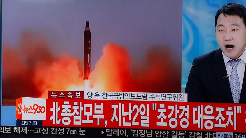 A TV displays a news broadcast reporting on North Korea test-firing ballistic missiles,  in Seoul, South Korea,  March 6th, 2017. Photograph: Kim Hee-Chul/EPA