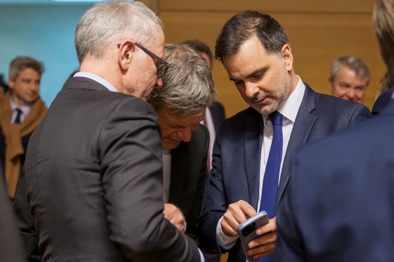 German Federal Vice-Chancellor Robert Habeck (centre) speaks with French Minister with responsibility for Foreign Trade Laurent Saint-Martin (right) in Luxembourg on Monday. Photograph: Getty Images             