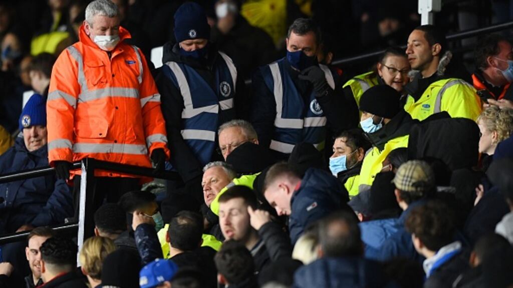 The game was delayed by half an hour as a fan received treatment in the stand. Photograph: Justin Setterfield/Getty Images