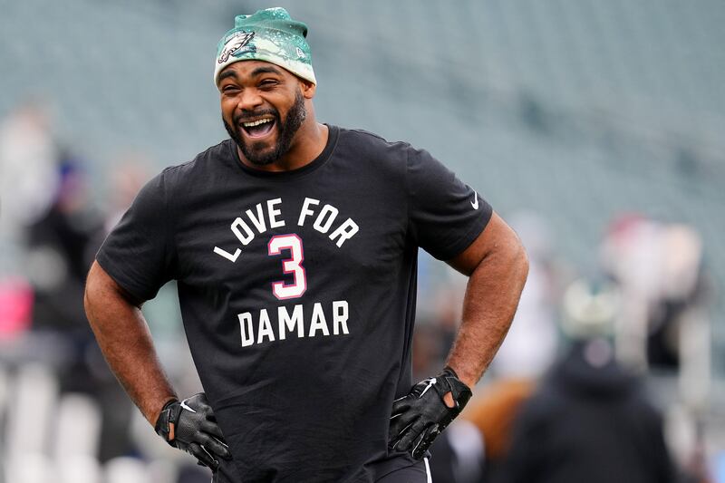 Brandon Graham of the Philadelphia Eagles warms up for a match while wearing a shirt in support of Damar Hamlin. Photograph: Mitchell Leff/Getty Images