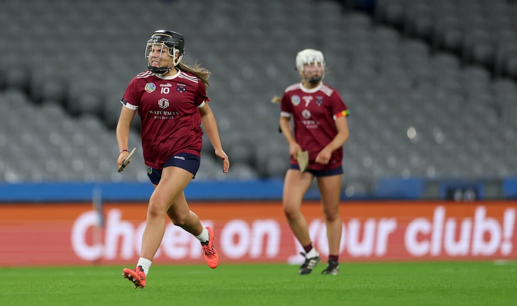 Athenry’s Kayla Madden celebrates scoring the equalising point to send the game to a replay. Photograph: James Crombie/Inpho