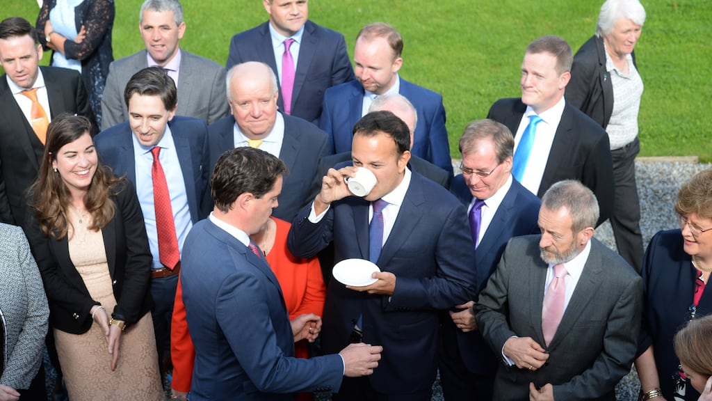 Taoiseach Leo Varadkar  ahead of a group photograph at the Fine Gael parliamentary party think-in in  Clonmel, Co  Tipperary. Photograph: Dara Mac Dónaill