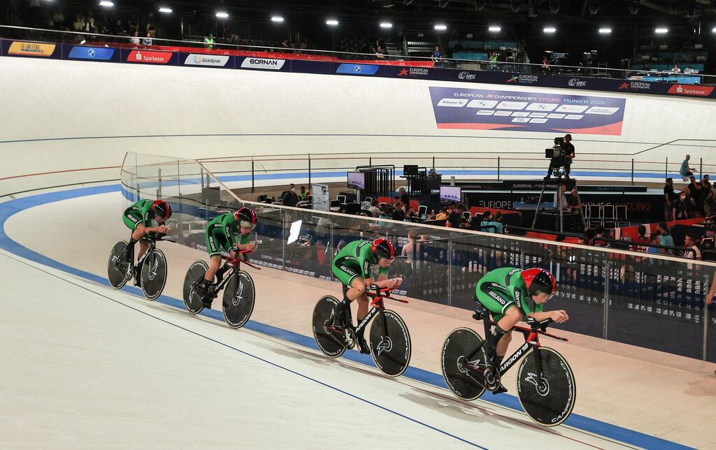 Ireland's Lara Gillespie, Mia Griffin, Alice Sharpe and Kelly Murphy in action during the 2022 European Championship in Munich. Photograph: Tom Maher/Inpho