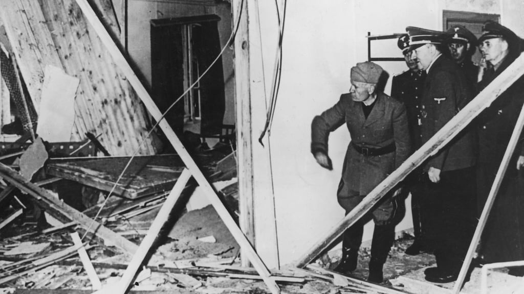 Benito Mussolini and Adolf Hitler inspect the wreckage of Hitler’s headquarters following a failed assassination attempt of the Nazi leader in 1944. Photograph: Keystone/Hulton Archive/Getty Images