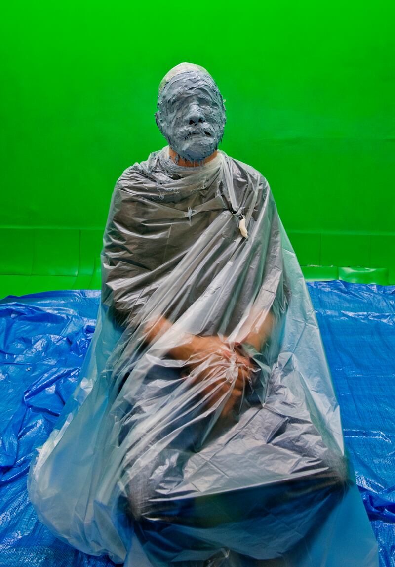Sinn Féin leader Gerry Adams with his face in a cast for a Dublin Wax Museum model in 2016. Photograph: Brenda Fitzsimons