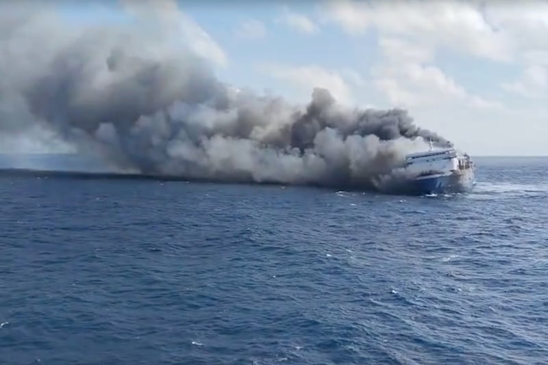 Passenger ship Mutiara Santosa 2 becomes engulfed after it caught fire in the waters off Madura Island, Indonesia. Photograph: Basarnas via AP