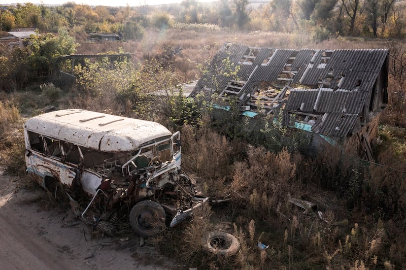 A destroyed bus in Kamianka, a town in the Kharkiv region of Ukraine. Photograph: David Guttenfelder/The New York Times