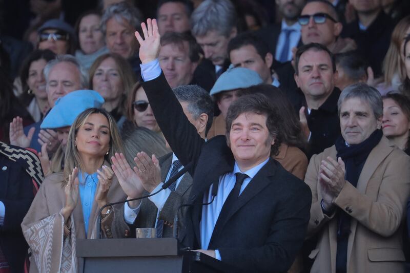 Argentinian president Javier Milei waves during the Argentine Rural Society's expo in Buenos Aires on July 28th, 2024. Photograph: Marcos Brindicci/AFP/Getty