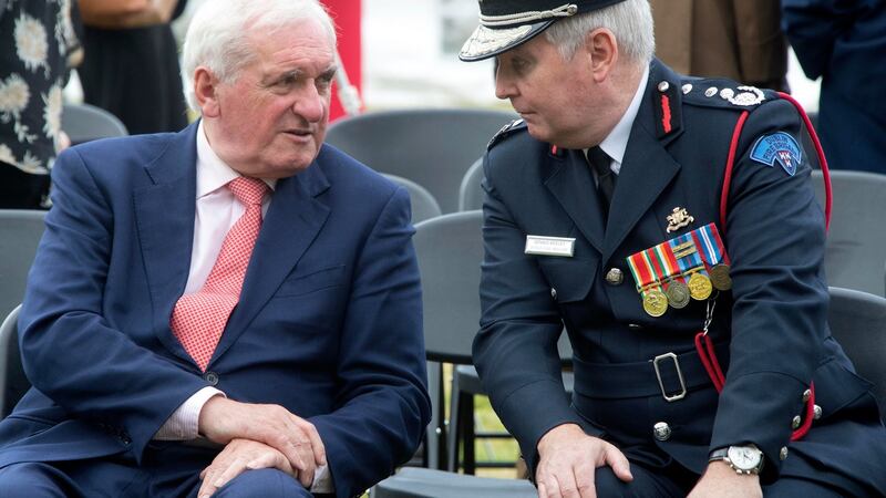 Dennis Keeley of Dublin Fire Brigade and former taoiseach Bertie Ahern at the event at the US ambassador’s residence in the Phoenix Park. Photograph: Colin Keegan/Collins