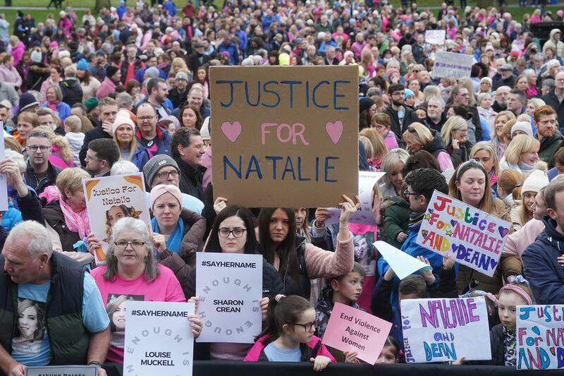People at the vigil at Lurgan Park in Lurgan, Co Armagh in memory of murder victim Natalie McNally. Photograph: Brian Lawless/PA