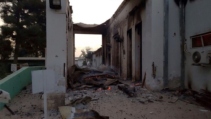 Photograph released by  Medecins Sans Frontieres showing fires in part of a MSF hospital in the Afghan city of Kunduz after it was hit by an air strike. Photograph: Getty