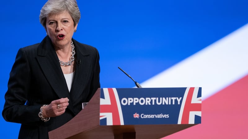 British prime minister Theresa May delivers her leader’s speech during the final day of the Conservative Party conference on Wednesday. Photograph:  Christopher Furlong/Getty Images