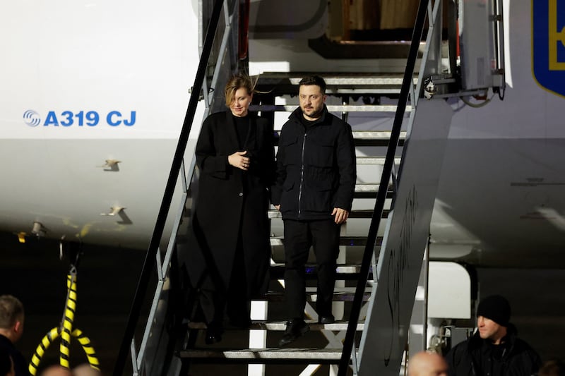 Ukrainian president Volodymyr Zelenskiy and his wife Olena Zelenska arriving at Dublin Airport for his visit to Ireland on Monday night. Photograph: Clodagh Kilcoyne/PA Wire