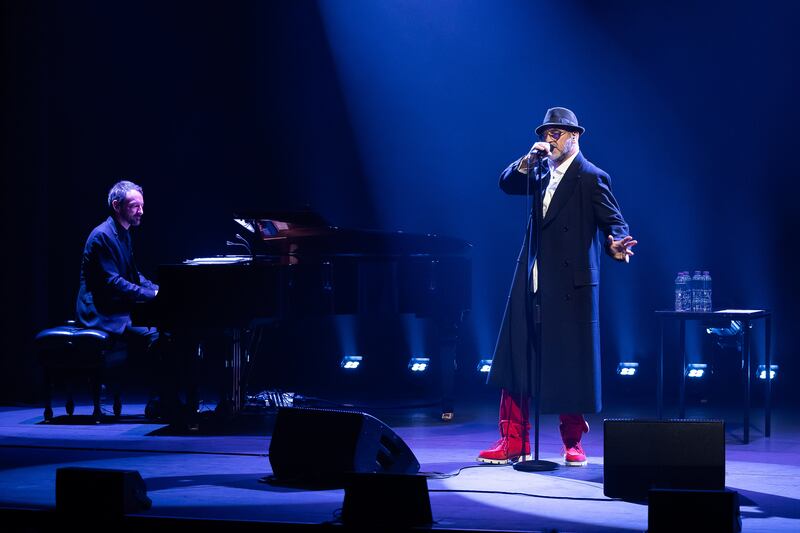 'The stage was sparse, with just a piano and a cello placed either side of the microphone, leaving you fearing the front man would have as much support as Rasmus Højlund has had this season.' Eric Cantona performs at Bloomsbury Theatre, London. Photograph: Tim P Whitby/Getty Images