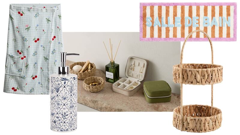 Bathroom accessories clockwise from rhs: Salle De Bain Striped bathmat, €45.50 Oliver Bonas; Tureholm basket, €9, Jysk; Tidaholm velour jewelry box, €5 Jysk; Soap dispenser, €10.99, TK Maxx; cotton towel wrap, €11, Penneys