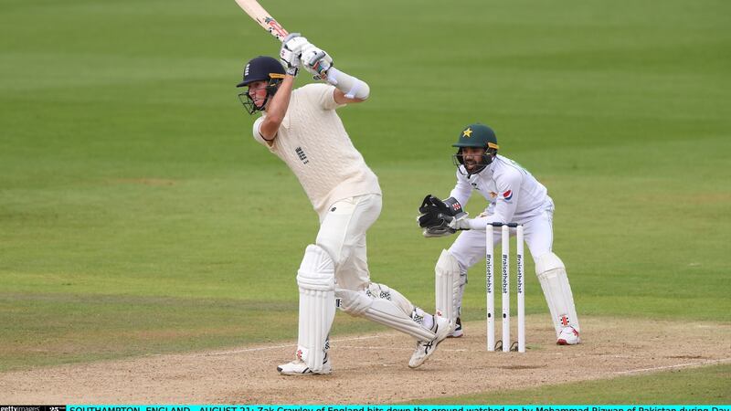 England batsman  Zak Crawley hits down the ground during the first day of the third Test against Pakistan at  the Ageas Bowl in Southampton. Photograph: Stu Forster/Getty Images for ECB