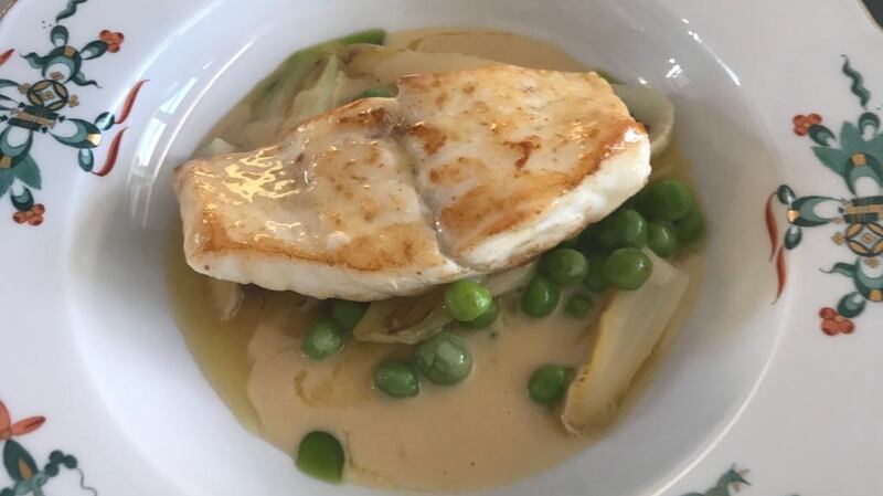 Graham Neville’s turbot with peas, onions and Pernod sauce