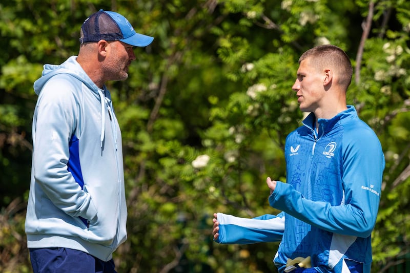 Jacques Nienaber and Sam Prendergast at Leinster Rugby Squad Training on Monday. Photograph: Tom Honan/Inpho