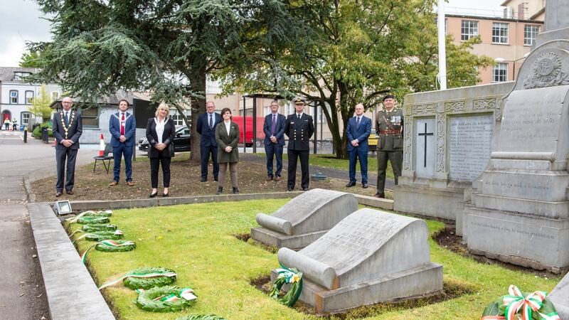 From left: UCC interim President Prof John O’Halloran, Deputy Lord Mayor of Cork Shane O’Callaghan, Mayor of County Cork Mary Linehan Foley, and Mayor of the City and County of Limerick Michael Collins  who laid wreaths, Commodore Michael Malone (Flag Officer Commanding Naval Service) and Colonel Ray O’Lean (Executive Officer 1st Brigade, Collins Barracks) represented the Irish defence forces, Dr Mervyn O’Driscoll, head of School of History, Gabriel Doherty, lecturer, School of History, Nicola Stathers, UCC Academy. Photograph: Michael Mac Sweeney/Provision