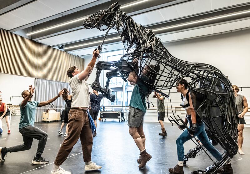 War Horse: the cast in rehearsals. Photograph: Pamela Raith