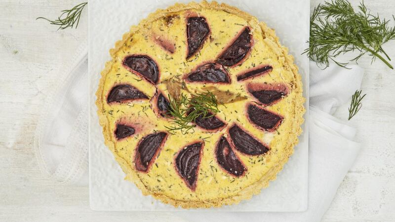 Smoked mackerel, beetroot and dill tart. Photograph: Harry Weir
