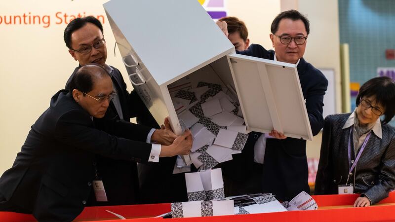 A ballot box is emptied at a polling station in Hong Kong as anti-government protests continue into their sixth month. Photograph: Billy HC Kwok/Getty