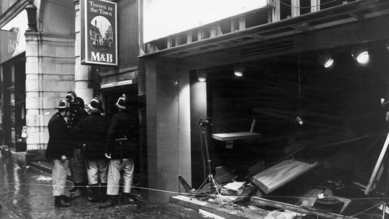 Firemen survey the damage outside the Tavern in the Town pub in Birmingham on November 22nd, 1974,  following an IRA bomb blast. Two bombs exploded; the first in Mulberry Bush at 8.17pm and the second in the Tavern 10 minutes later.   Photograph: Wesley/Keystone/Getty Images