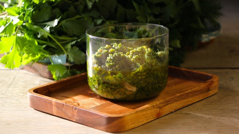 Chimichurri sauce: excellent with  flank steak,  mutton chops, chicken, or even fish